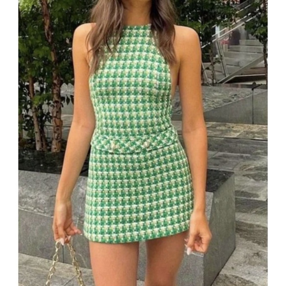 Zara- Tweed Houndstooth Green Mini Dress